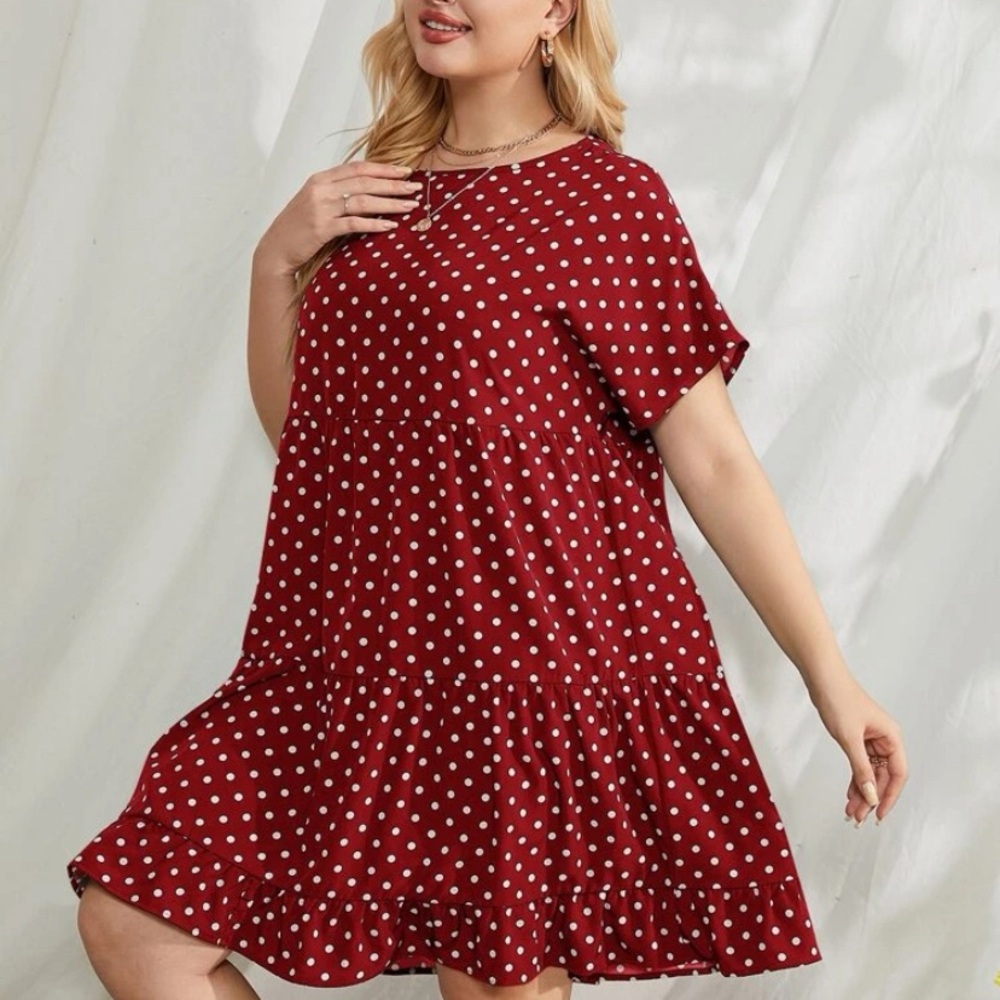Plus Polka Dot Dolman Sleeve Ruffle Hem Smock Dress
